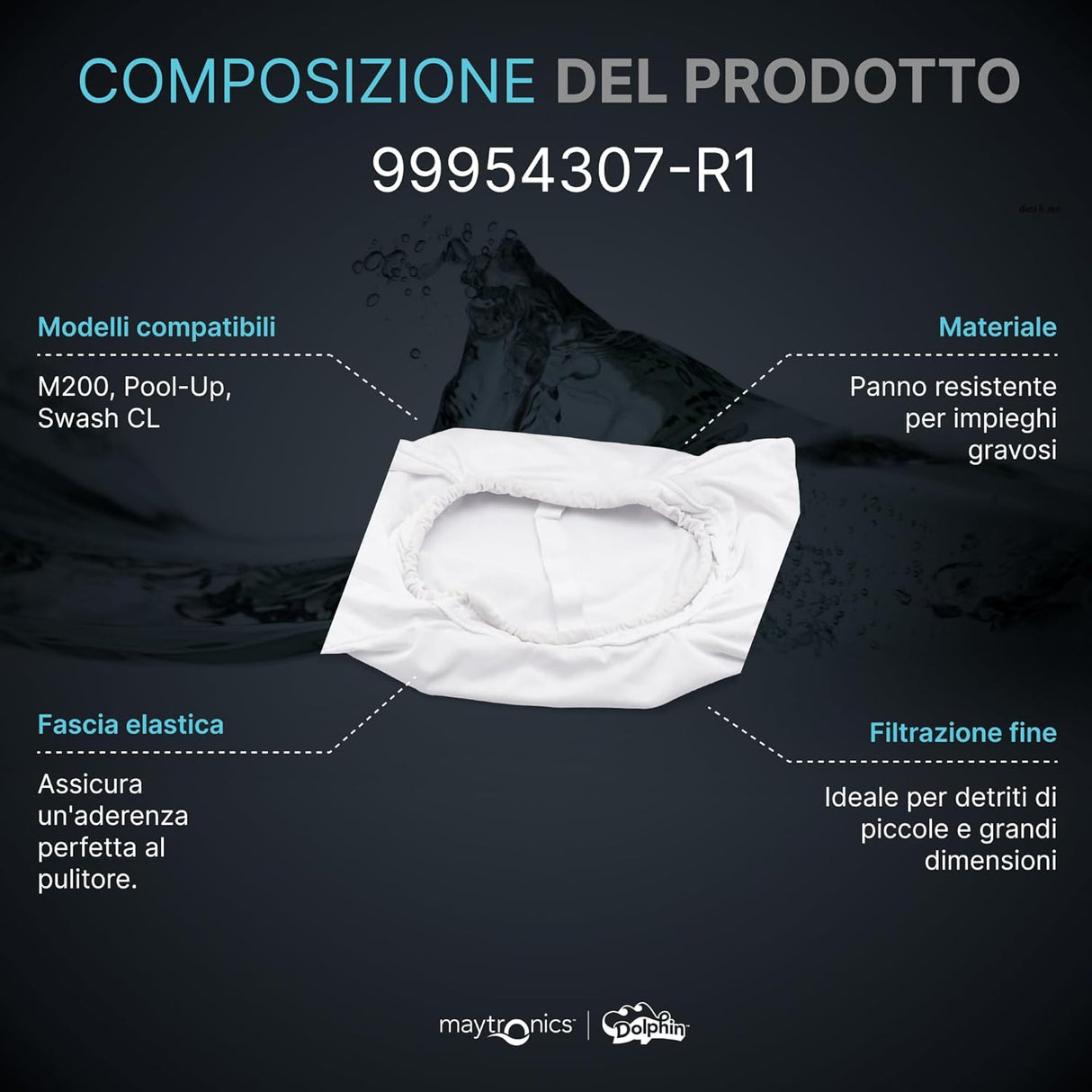 Sacchetto Filtro Mutanda Gradazione Fine 50 Micron per Robot Pulitore Piscina Maytronics Dolphin X Force 10 – 20 - 30 / Swift / Moby / EasyKleen /  Apogon CC / Cosmos 20 – 30 / Thunder 10 – 20 - 30 / Pool In - Pool Up / W20 / 99954307-R1