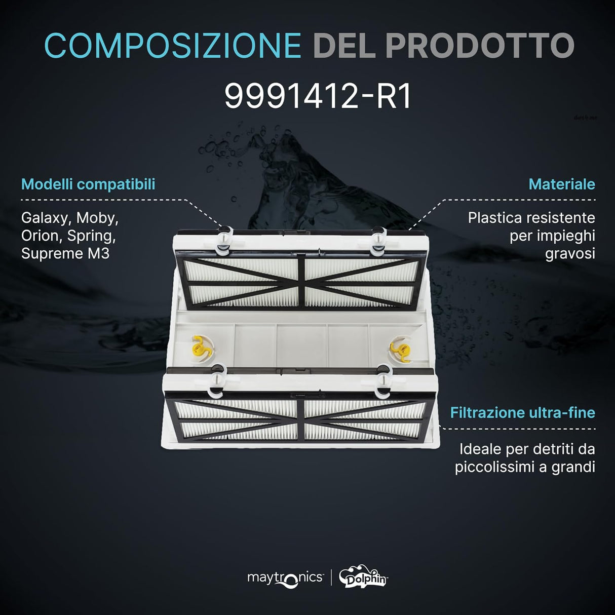 Supporto Telaio con 4 Cartucce Filtro Gradazione Fine 50 Micron Robot Maytronics Dolphin Master M3 / Battista / Supreme M3 / Moby / Cosmos 20 - 30 / Swash CL  - TC / X Force 10  - 20  - 30 / 9991412-ASSY