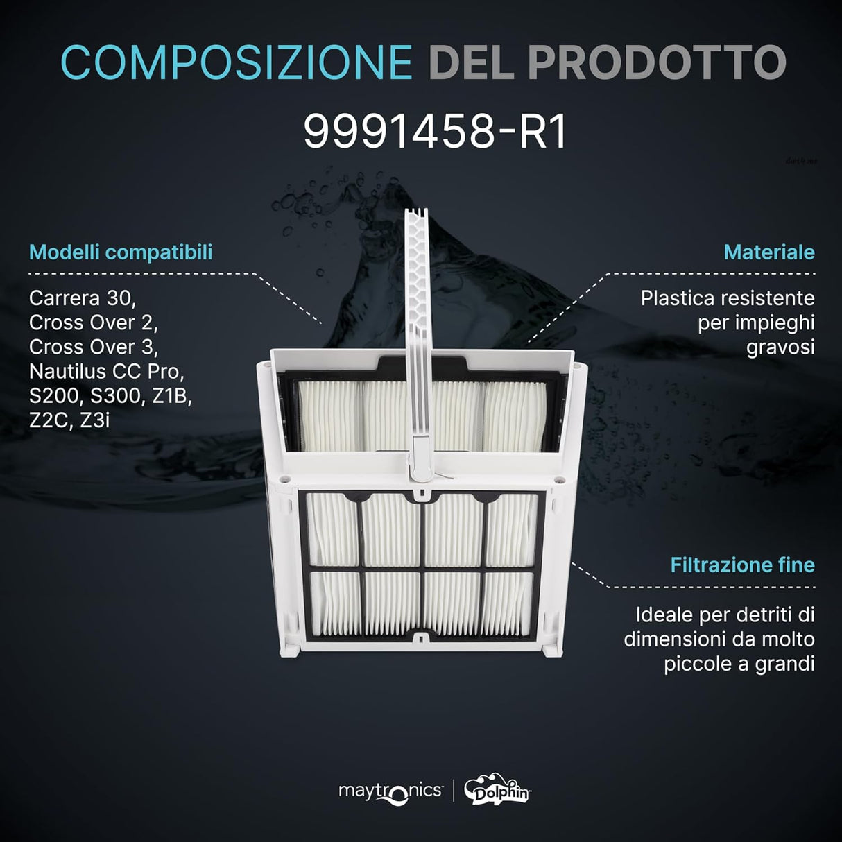 Cestello Filtro con Cartucce Gradazione Fine 50 Micron per Robot Piscina Maytronics Dolphin Poolstyle 30 – 35 – 35i – 40i – 50i / SX30 - 40i / SM30 - 40i / E30 - E35 - E40i - E50i / Z1b - Z2c - Z3i / Mr30 - 40i / S200 - S300 - S400 / 9991458-ASSY