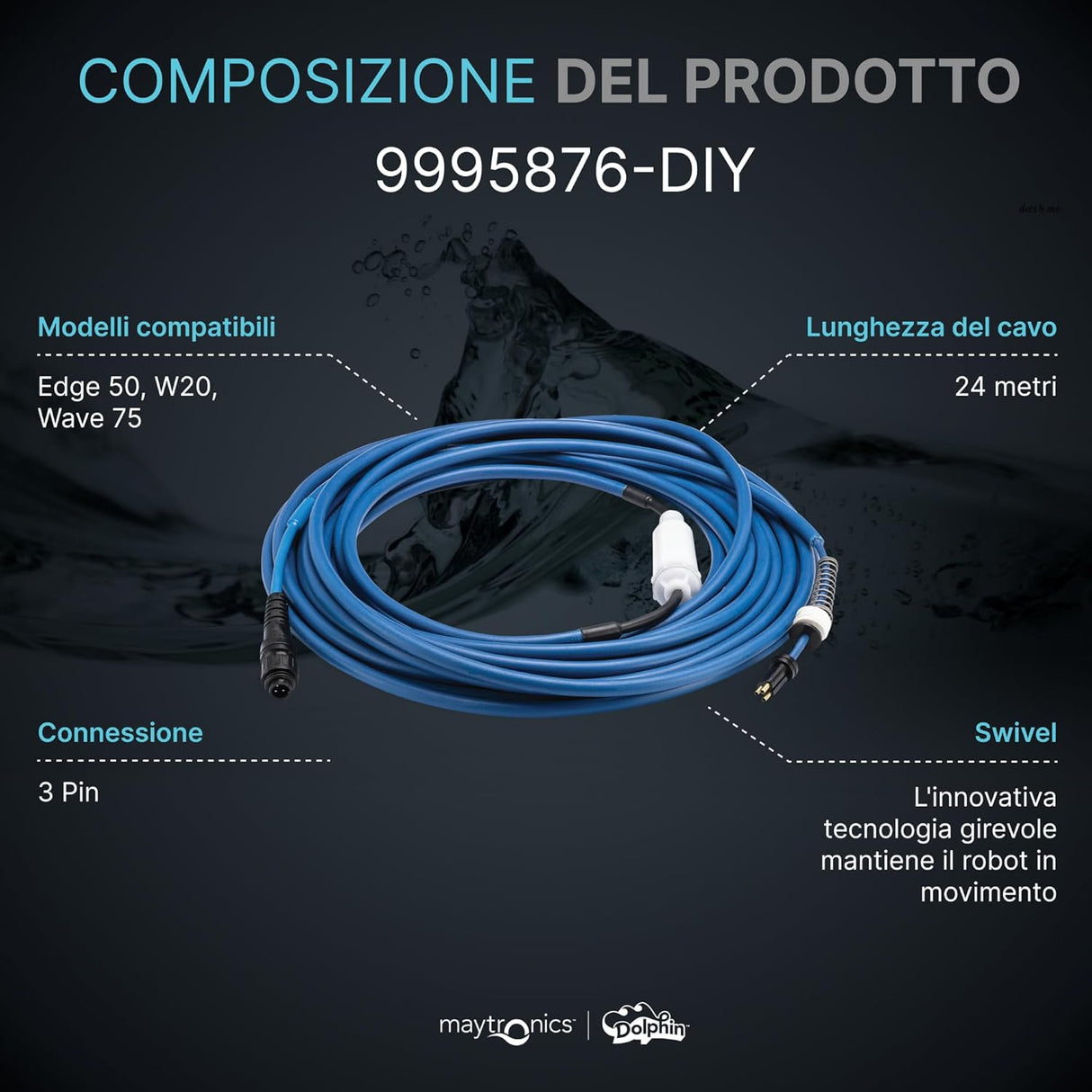 Cavo Galleggiante 18 Mt - 3 Pin con Swivel & Connettori Robot Piscina Maytronics Dolphin W20 / Edge 50 / Wave 75 / 9995876-DIY