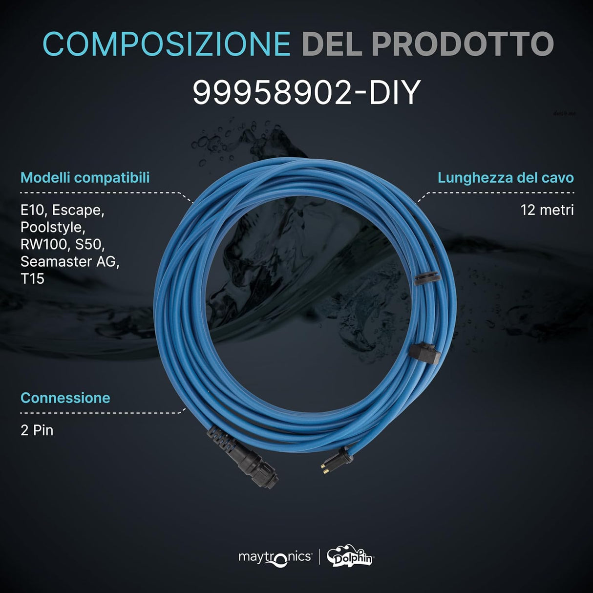 Cavo Galleggiante 12 Mt - 2 Pin con Connettori Robot Piscina Maytronics Poolstyle AG / RW 100 / E 10 / SM 10 / Mr 10 / Run 10 / SX 10 / S 50 / 99958902-DIY