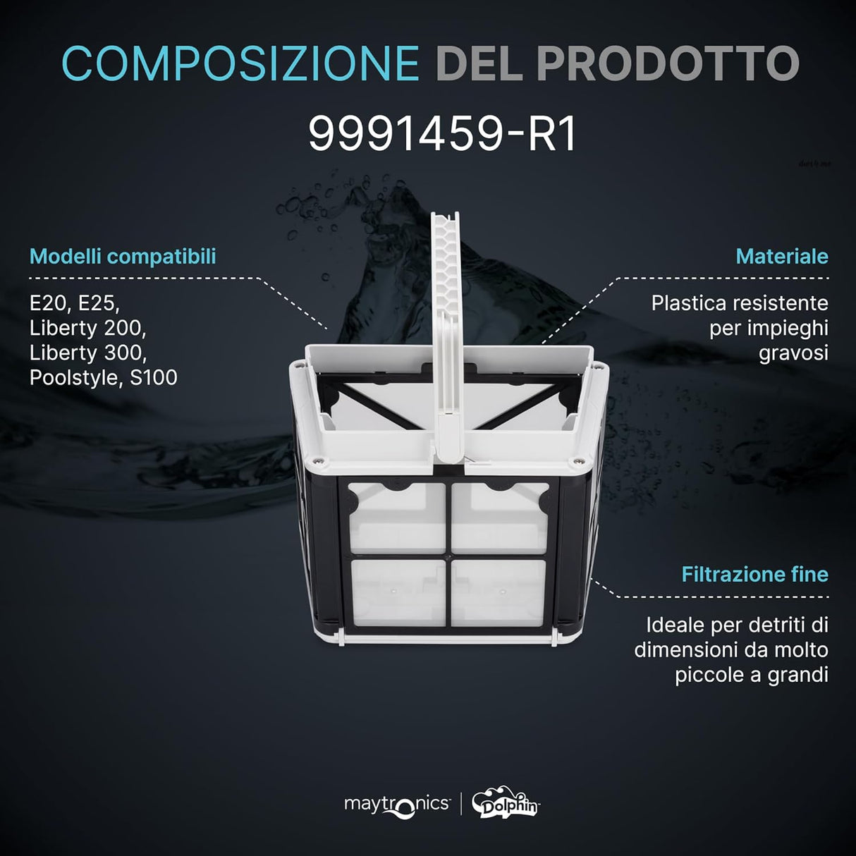 Cestello Filtro con Cartucce Gradazione Grande 100 Micron per Robot Piscina Maytronics Dolphin Poolstyle AG Plus - Advance / My Zefiro Plus / Liberty 200 - 300 - 400 / E20 - E25 / S100 / Run20 / SX20 / SM20 / Mr20 / Mini Kart / SL100 / ZFun / 9991459-ASSY