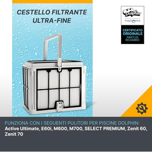 Cestello Filtrante Grande Gradazione Fine 50 Micron con Extra Guarnizione per Robot Piscina Maytronics Dolphin E 50 - E 60 / Pro X90i / Poolstyle 50 – 60 / Zenit 55 – 60 – 70 / M 550 - M 600 – M 700 / 9991481-ASSY