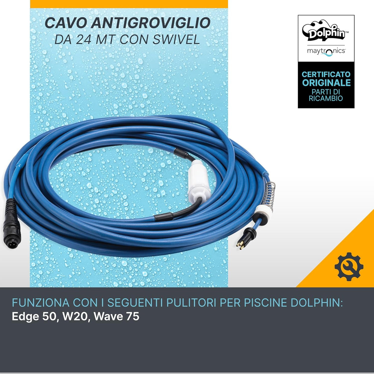 Cavo Galleggiante 18 Mt - 3 Pin con Swivel & Connettori Robot Piscina Maytronics Dolphin W20 / Edge 50 / Wave 75 / 9995876-DIY